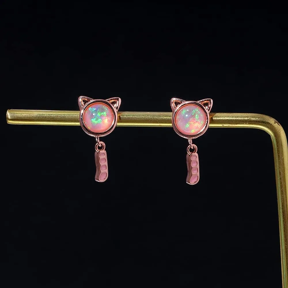 Cat Opal Stud Earrings 14K White Gold/Rose Gold Plated Cat Jewelry Gift for Women Girls