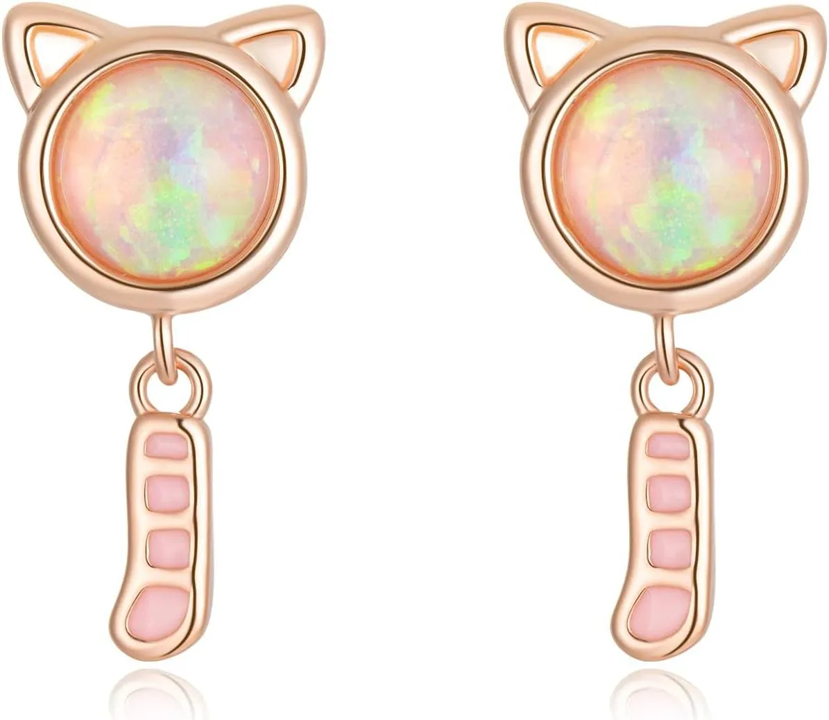 Cat Opal Stud Earrings 14K White Gold/Rose Gold Plated Cat Jewelry Gift for Women Girls