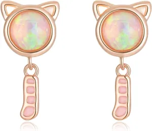 Cat Opal Stud Earrings 14K White Gold/Rose Gold Plated Cat Jewelry Gift for Women Girls