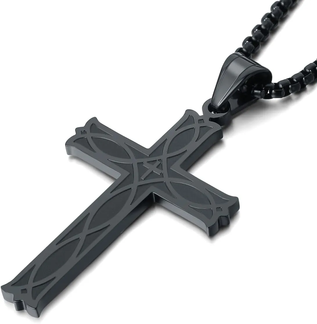 Celtic Cross Necklace for Men Irish Knot Stainless Steel Infinity Silver/Gold/Black Men's Cross Pendant Necklace Rolo Chain 28''Cross Pendant Necklace Rolo Chain 24''/28''