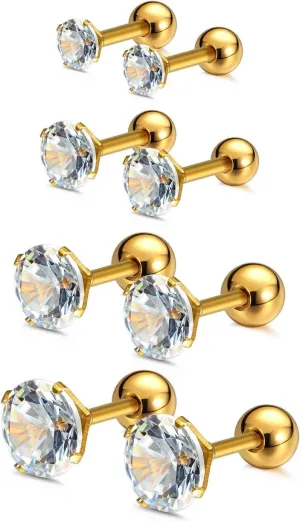 Charisma 16G Cartilage Tragus Helix Stud Stainless Steel Barbell Earrings for Women Men Screw Back Piercing Earrings (4 Pairs, 6mm bar length, 3mm-6mm Cubic Zirconia, Gold)