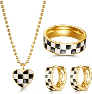 Checkered Jewelry Set for Women Including Black and White Necklace with Heart Love Pendant,Gold Ring and a Pair of Hoop Earrings for Punk Glam Accessories for Party Daily Wear