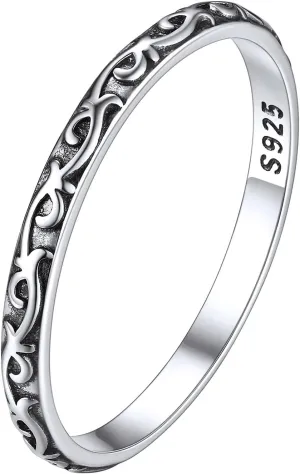 ChicSilver 925 Sterling Silver Ring 2mm Retro Evil Eye/Vine Stacking Rings Eternity Wedding Band for Women Size 5-12(with Gift Box)