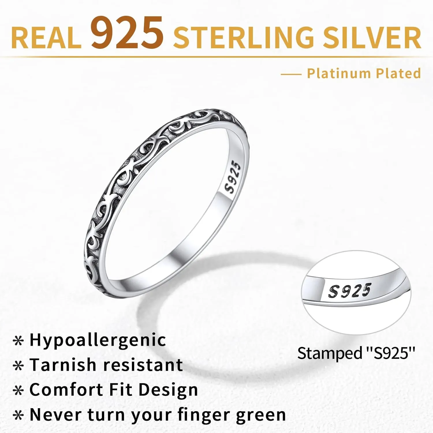ChicSilver 925 Sterling Silver Ring 2mm Retro Evil Eye/Vine Stacking Rings Eternity Wedding Band for Women Size 5-12(with Gift Box)