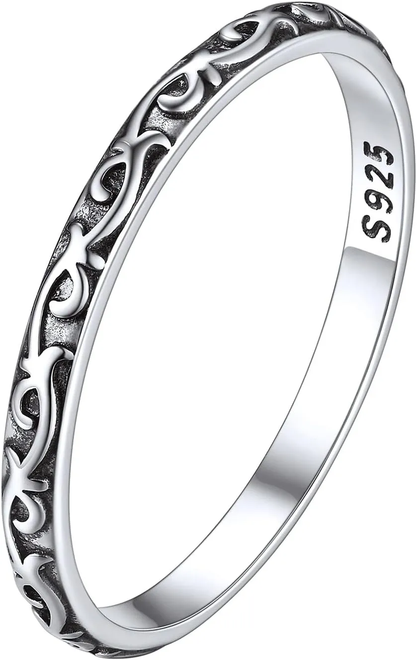 ChicSilver 925 Sterling Silver Ring 2mm Retro Evil Eye/Vine Stacking Rings Eternity Wedding Band for Women Size 5-12(with Gift Box)