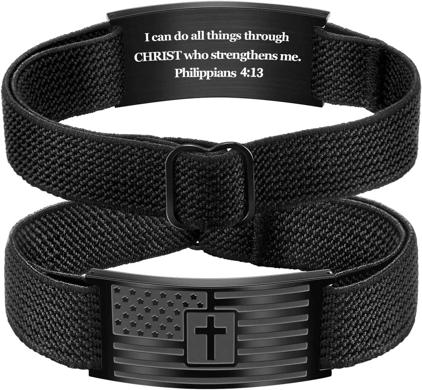 Christian Cross Bracelet for Men American Flag Engarved Bible Verse Inspirational Black Elastic Strap Adjustable Bracelets Jesus Christian Birthday Graduation Gifts for Him