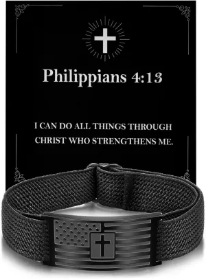 Christian Cross Bracelet for Men American Flag Engarved Bible Verse Inspirational Black Elastic Strap Adjustable Bracelets Jesus Christian Birthday Graduation Gifts for Him