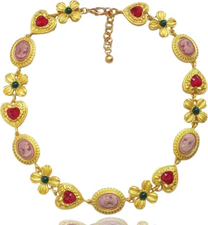 Chunky Gold Red Heart Y2K Charm Prom Necklace - Colorful Vintage Collar Statement Summer Costume Maximalist Jewelry for Women,Graduation Gifts