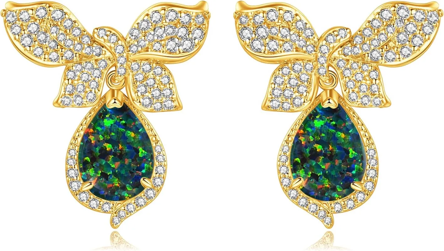 CiNily Dangle Stud Earrings for Women Hypoallergenic Dainty Bow Stud 14K White Gold Plated Cubic Zircon Bow Tie Stud Earrings | Opal Teardrop Dangling Earring | Ribbon Studs Christmas Jewelry