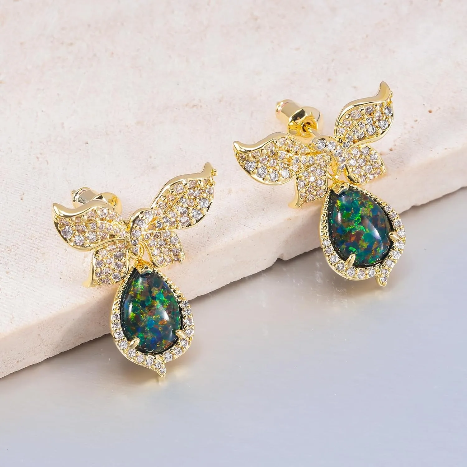 CiNily Dangle Stud Earrings for Women Hypoallergenic Dainty Bow Stud 14K White Gold Plated Cubic Zircon Bow Tie Stud Earrings | Opal Teardrop Dangling Earring | Ribbon Studs Christmas Jewelry