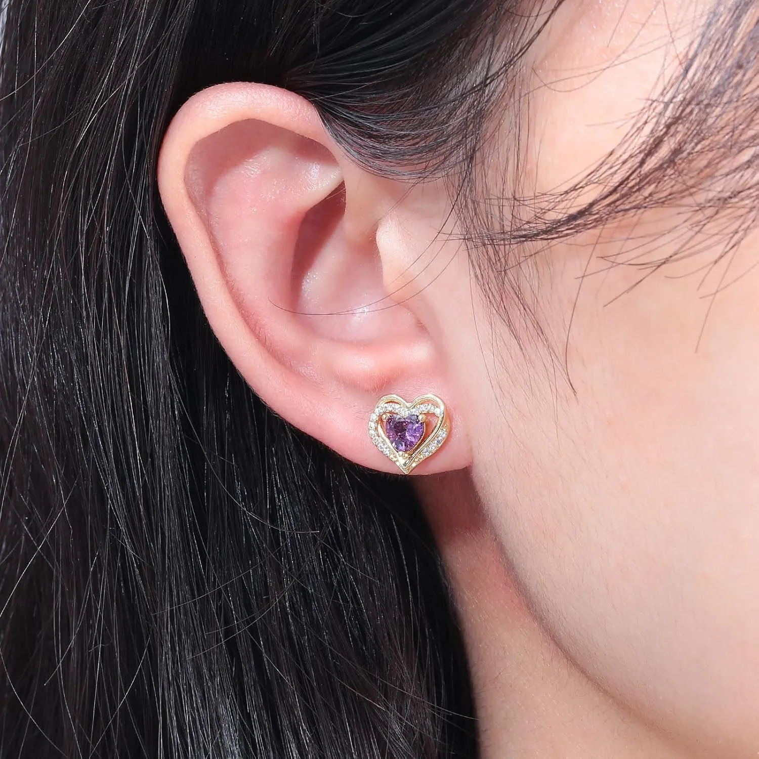 CiNily Heart Stud Earrings S925 Sterling Silver Post Studs Cubic Ziconia Dainty Earrings 14K White Gold Plated Birthstone Earrings Studs Birthday Weddings Gifts for Her Women Girls