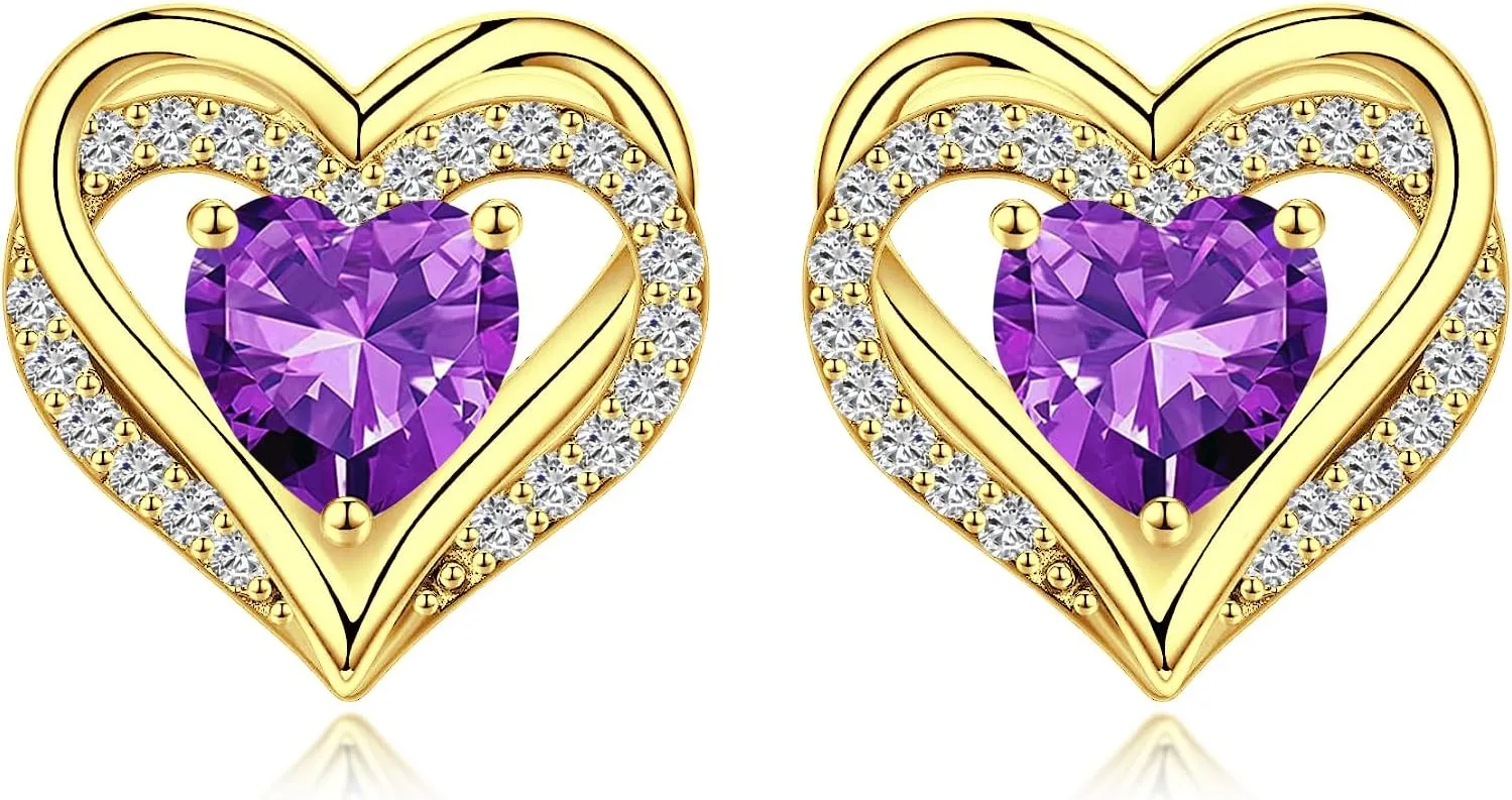 CiNily Heart Stud Earrings S925 Sterling Silver Post Studs Cubic Ziconia Dainty Earrings 14K White Gold Plated Birthstone Earrings Studs Birthday Weddings Gifts for Her Women Girls