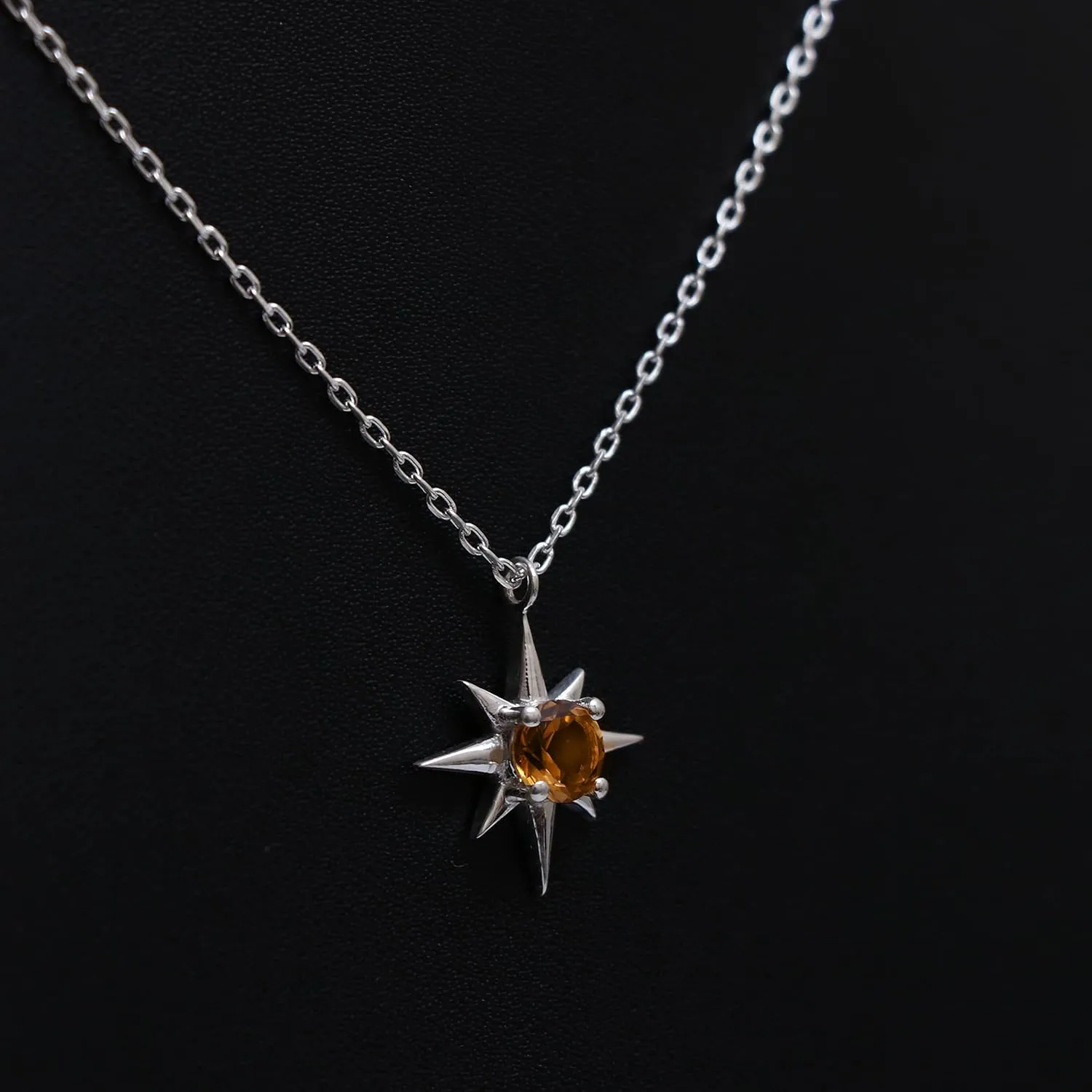 Citrine Sterling Silver Necklace, 925 Silver North Star Necklace, November Birthstone Gift, Celestial Jewelry, 16   2 Inch Adjustable Chain, Gift for Mom