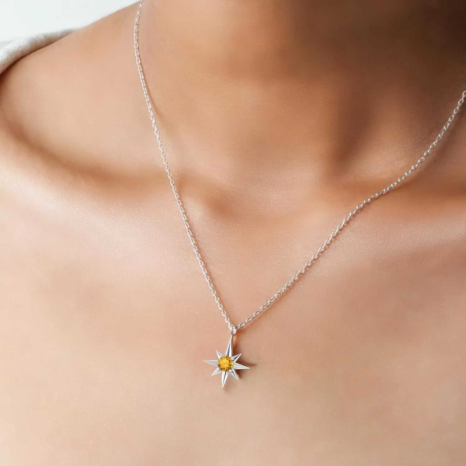 Citrine Sterling Silver Necklace, 925 Silver North Star Necklace, November Birthstone Gift, Celestial Jewelry, 16   2 Inch Adjustable Chain, Gift for Mom