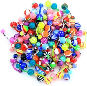 CM Crareesi Mania 50PCS Belly Rings Pack Random Belly Button Bars Stainless Steel/Acrylic Banana Barbells Navel Barbell for Navel Piercing Jewellery