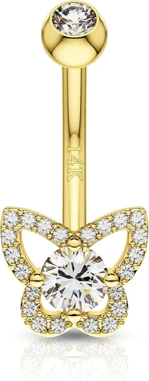COCHARM 14K Real Gold Belly Button Rings Butterfly 14KT Solid Yellow Gold Belly Piercing Jewelry 14g Precious Navel Rings Navel Bar