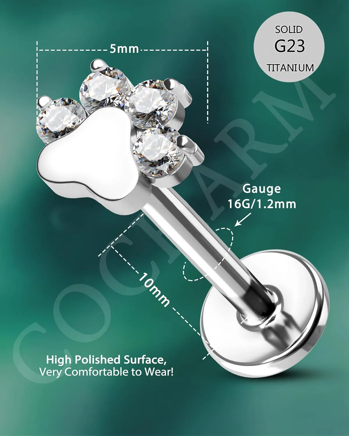 COCHARM G23 Titanium Cartilage Earring Stud for Helix 16g Flat Back Dog Paw Cartilage Piercing Jewelry Front Top Screw Helix Tragus Earrings