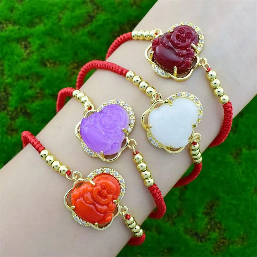 COLORFUL BLING Lucky Laughing Buddha Charm Pendant Charm Bracelet Jade Natural Stone Red Braid String Thread Rope Crystal CZ Zirconia for Women Men Gemstone Amulet Protection Jewelry