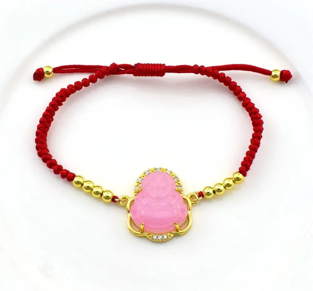 COLORFUL BLING Lucky Laughing Buddha Charm Pendant Charm Bracelet Jade Natural Stone Red Braid String Thread Rope Crystal CZ Zirconia for Women Men Gemstone Amulet Protection Jewelry