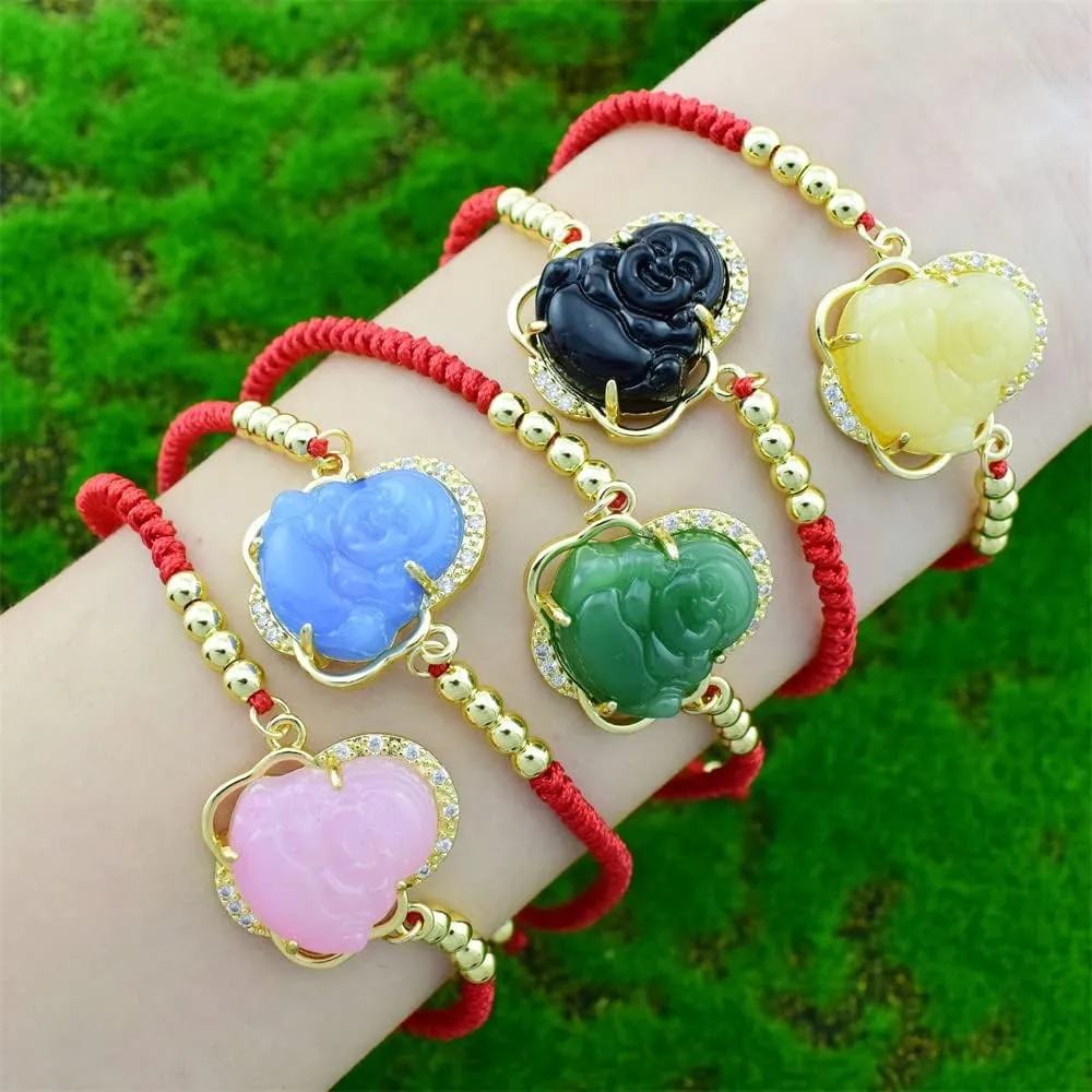 COLORFUL BLING Lucky Laughing Buddha Charm Pendant Charm Bracelet Jade Natural Stone Red Braid String Thread Rope Crystal CZ Zirconia for Women Men Gemstone Amulet Protection Jewelry