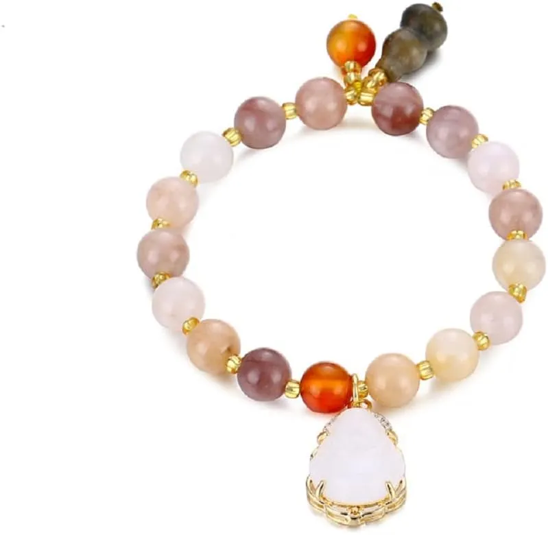 COLORFUL BLING Lucky Laughing Buddha Charm Pendant Strand Bracelet Jade Natural Stone Beaded Cubic Zirconia Elastic Stretch Bangle for Women Men Gemstone Amulet Protection Jewelry