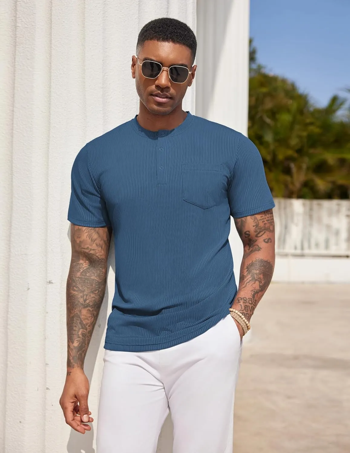 COOFANDY Mens Henley Shirts Short Sleeve Tshirt Basic Button Tees Summer Ribbed Pocket T Shirt Casual Stretch Tops