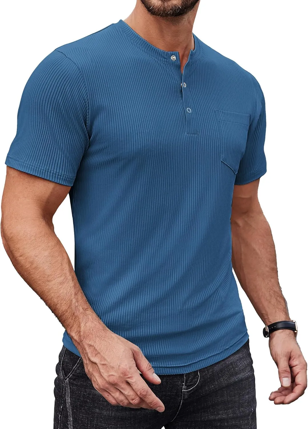 COOFANDY Mens Henley Shirts Short Sleeve Tshirt Basic Button Tees Summer Ribbed Pocket T Shirt Casual Stretch Tops