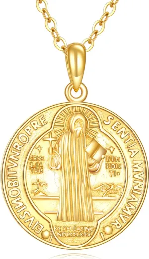 CRMAD Saint Benedict Medals Necklace Sterling Silver Cross Protection Pendant Christian Jewelry for Women Men (gold)