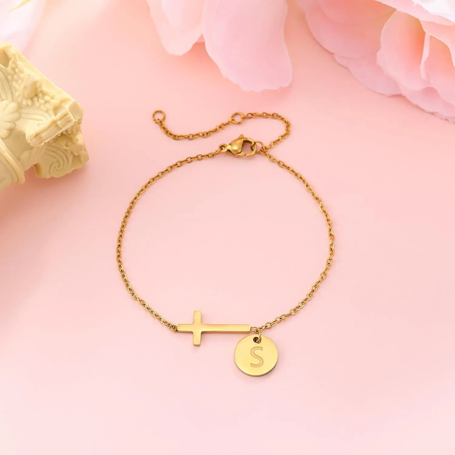 Cross Bracelet for Women Dainty Gold Cross Bracelet with Initials for Girls Easter Basket Stuffers Christian Religious Baptism Gifts First Communion Jesus Faith Jewelry for Teens