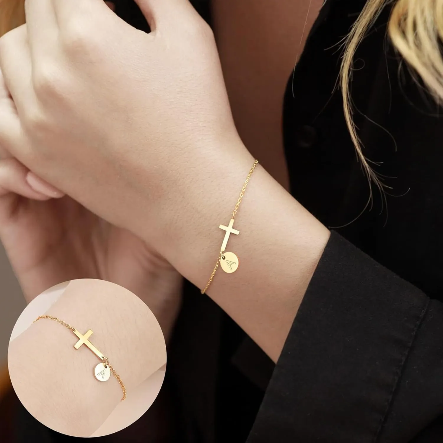 Cross Bracelet for Women Dainty Gold Cross Bracelet with Initials for Girls Easter Basket Stuffers Christian Religious Baptism Gifts First Communion Jesus Faith Jewelry for Teens