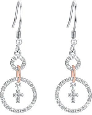 Cross Earrings for Women 925 Sterling Silver Sparking CZ Dangle Drop Earrings 18K White Gold Plated Hook Cubic Zirconia Earrings Cross Jewelry Birthday Xmas Gifts for Wife Mom