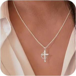 Cross Necklace for Women: Dainty 14k Gold/Silver/Rose Gold Cross Rotated Crown Necklace Trendy Small Cubic Zirconia Pendant Cross Choker Necklace for Women