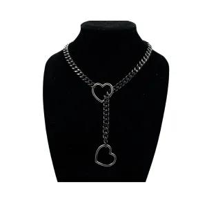Custom Double Heart O-ring Slip Chain Necklace for Women,Punk Gothic Stainless Steel Cuban Necklace for Women Girls Adjustable Lariat Y-Necklace for Men (Black, alloy)