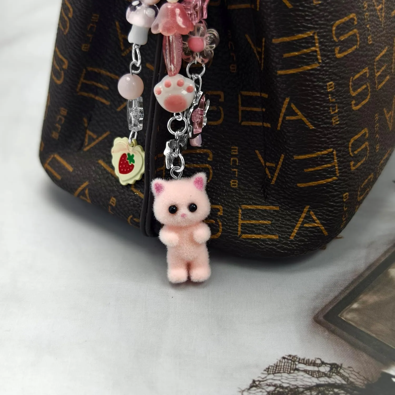 Cute Cat Keychain, Y2K Heart Bow Pendant, Kawaii Cat Bag Charm