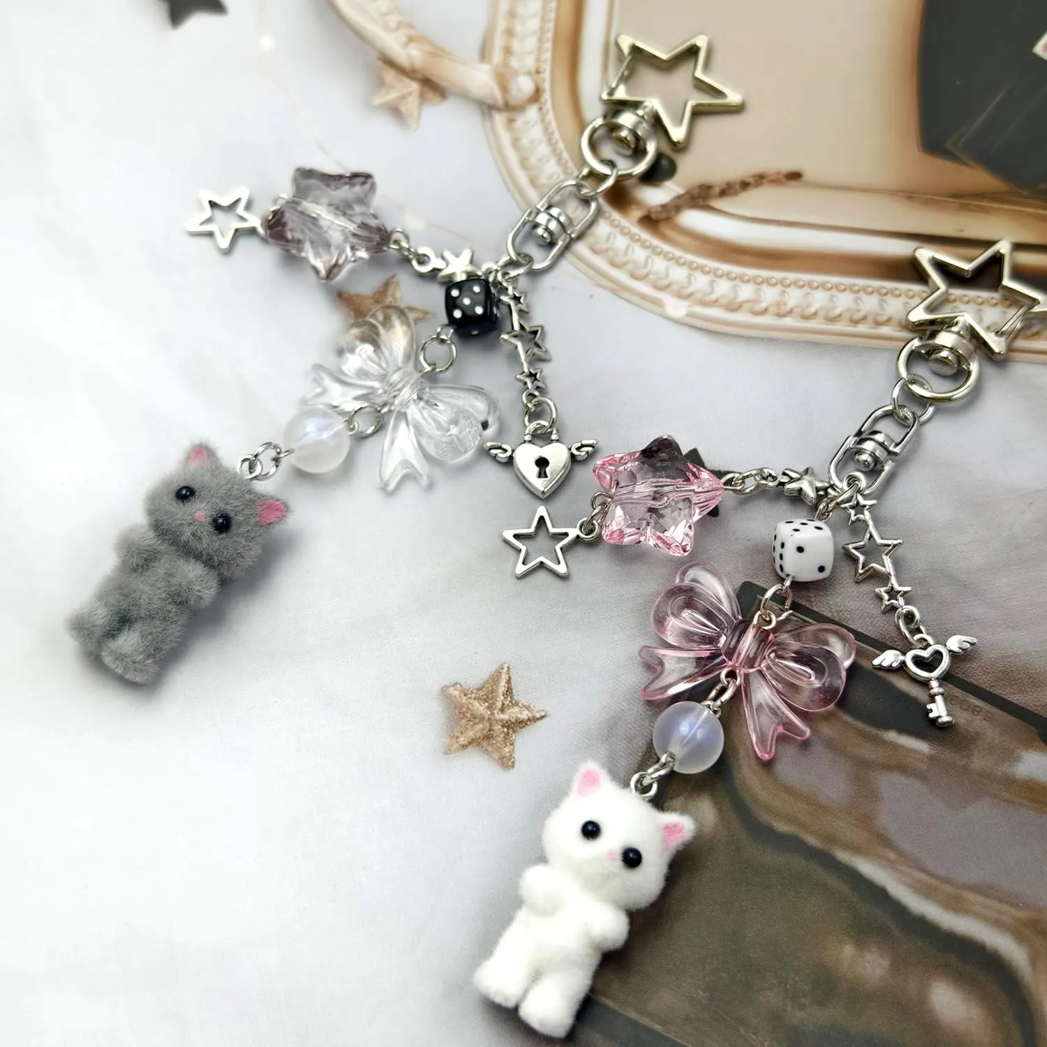 Cute Cat Keychain, Y2K Heart Bow Pendant, Kawaii Cat Bag Charm