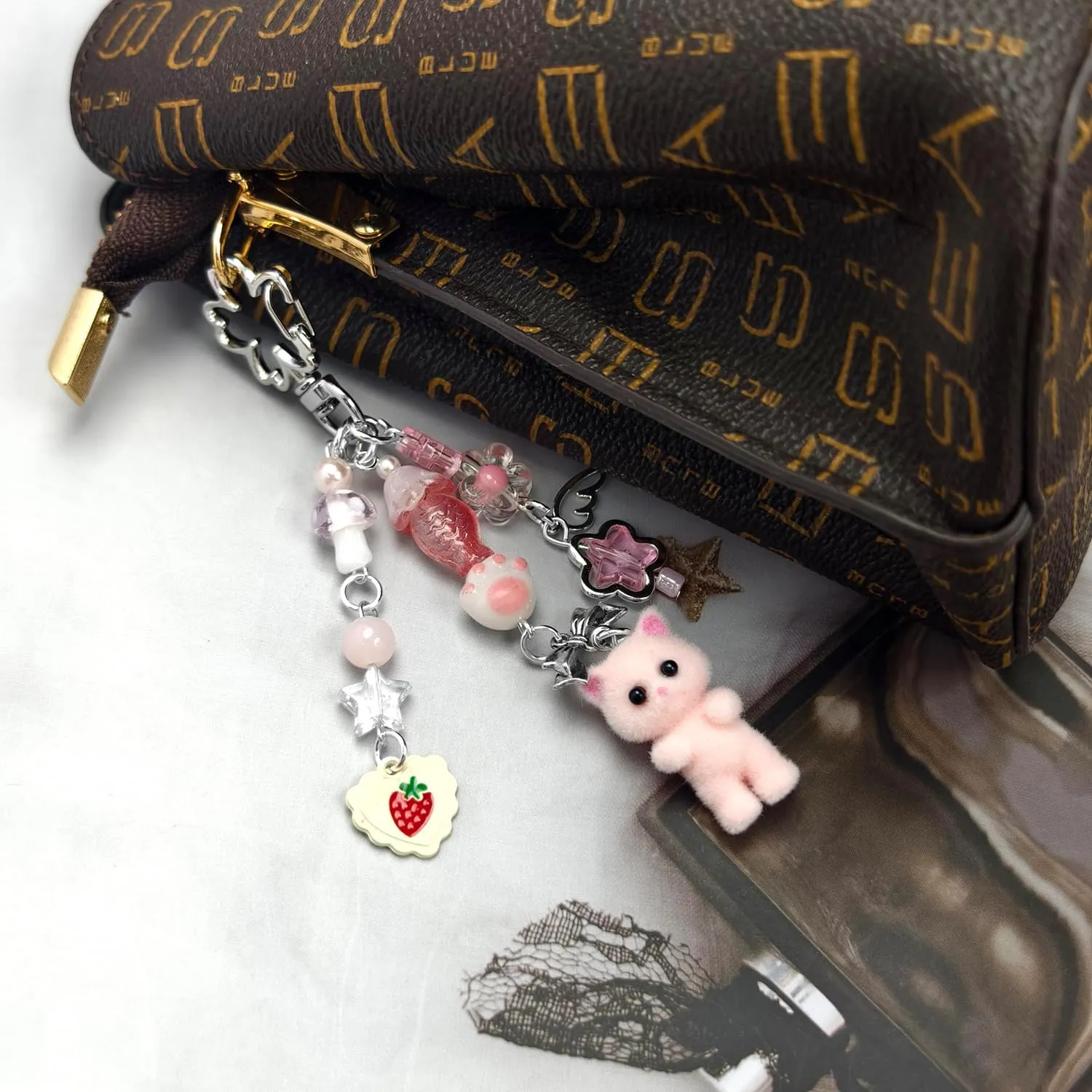 Cute Cat Keychain, Y2K Heart Bow Pendant, Kawaii Cat Bag Charm