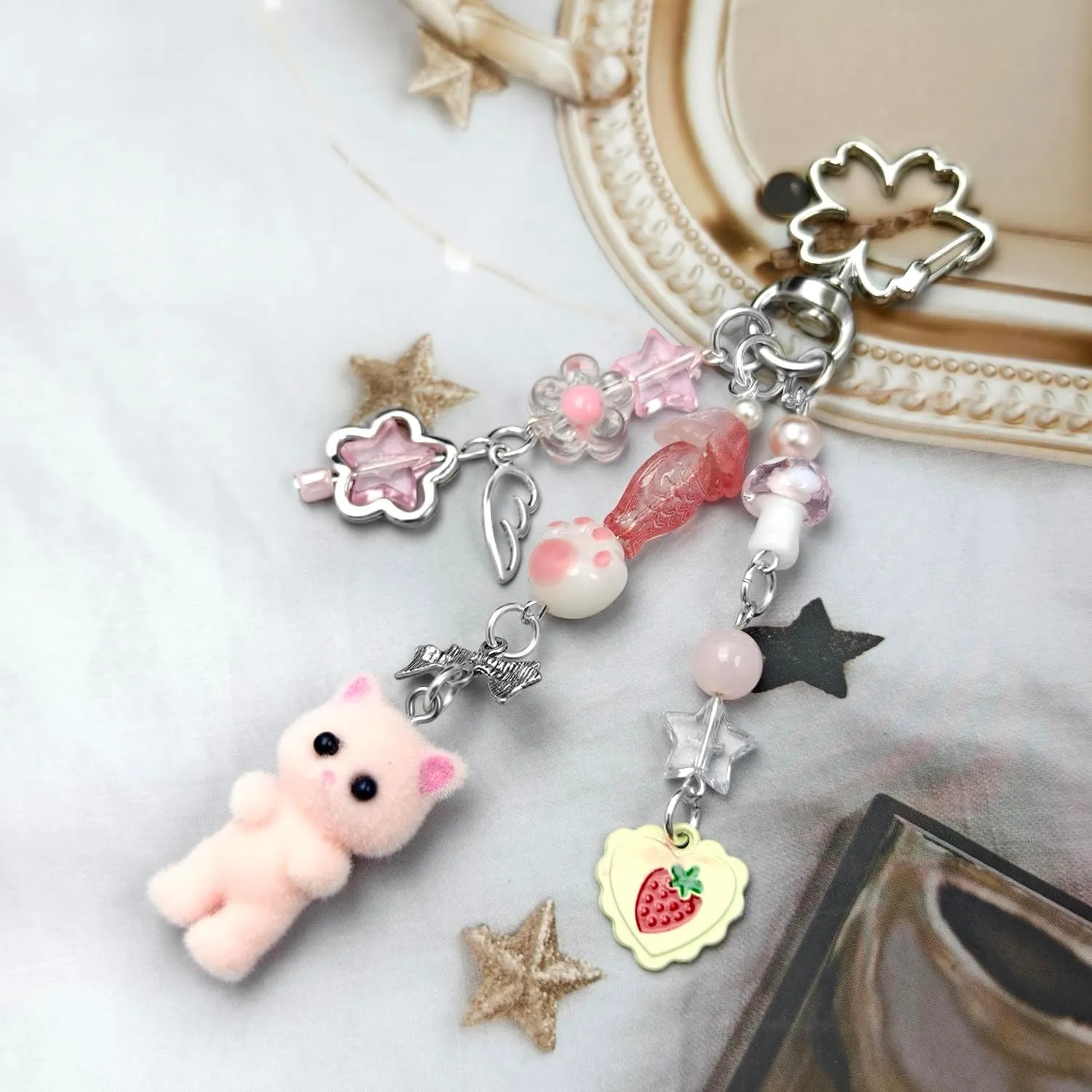 Cute Cat Keychain, Y2K Heart Bow Pendant, Kawaii Cat Bag Charm