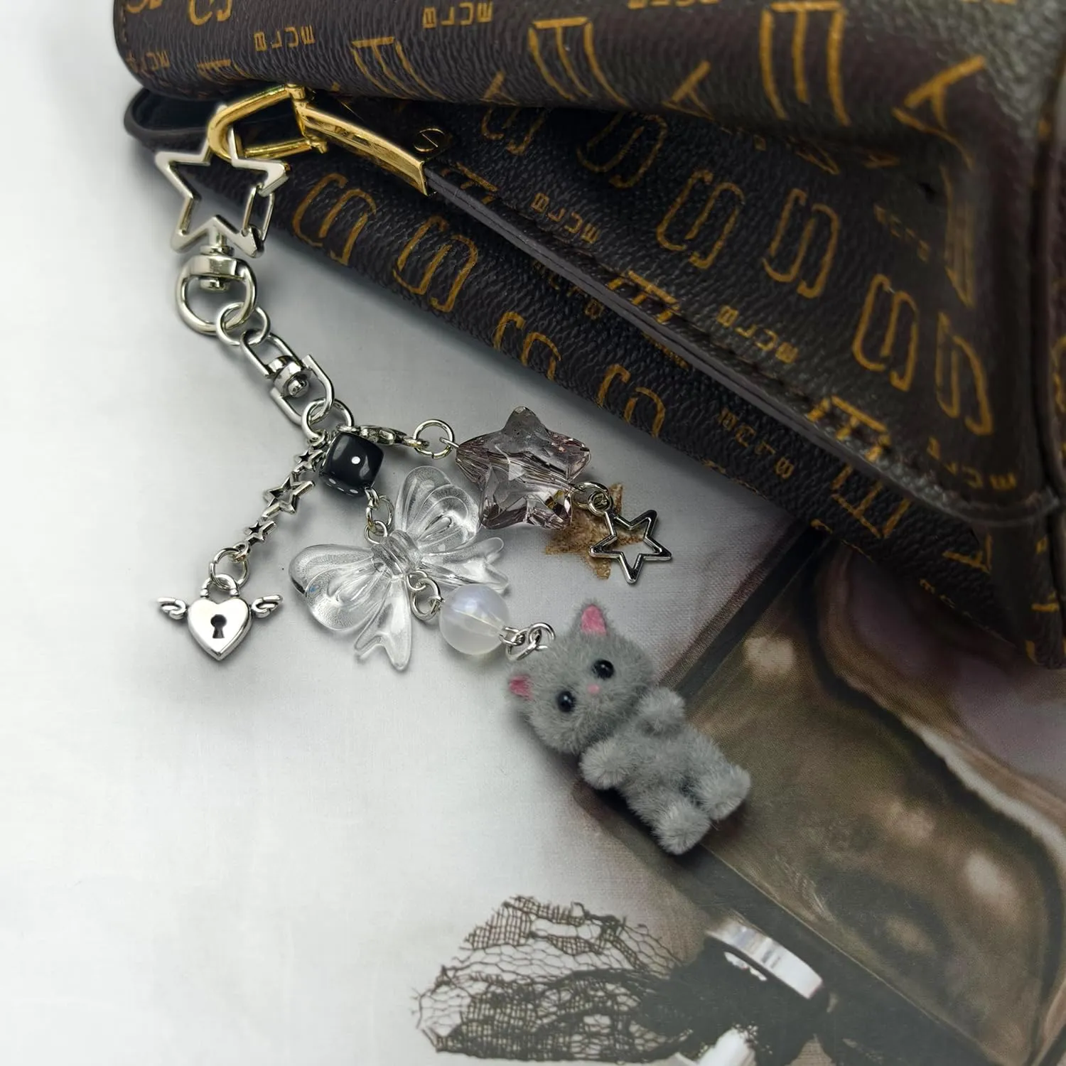 Cute Cat Keychain, Y2K Heart Bow Pendant, Kawaii Cat Bag Charm