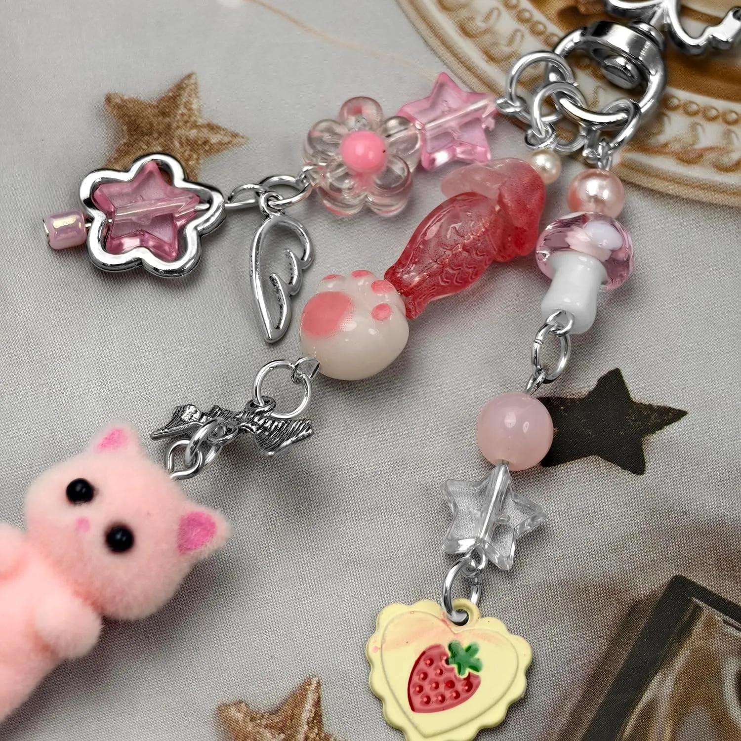 Cute Cat Keychain, Y2K Heart Bow Pendant, Kawaii Cat Bag Charm