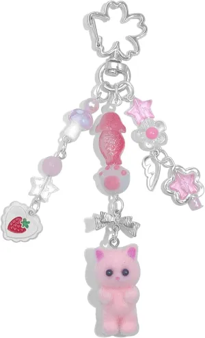Cute Cat Keychain, Y2K Heart Bow Pendant, Kawaii Cat Bag Charm