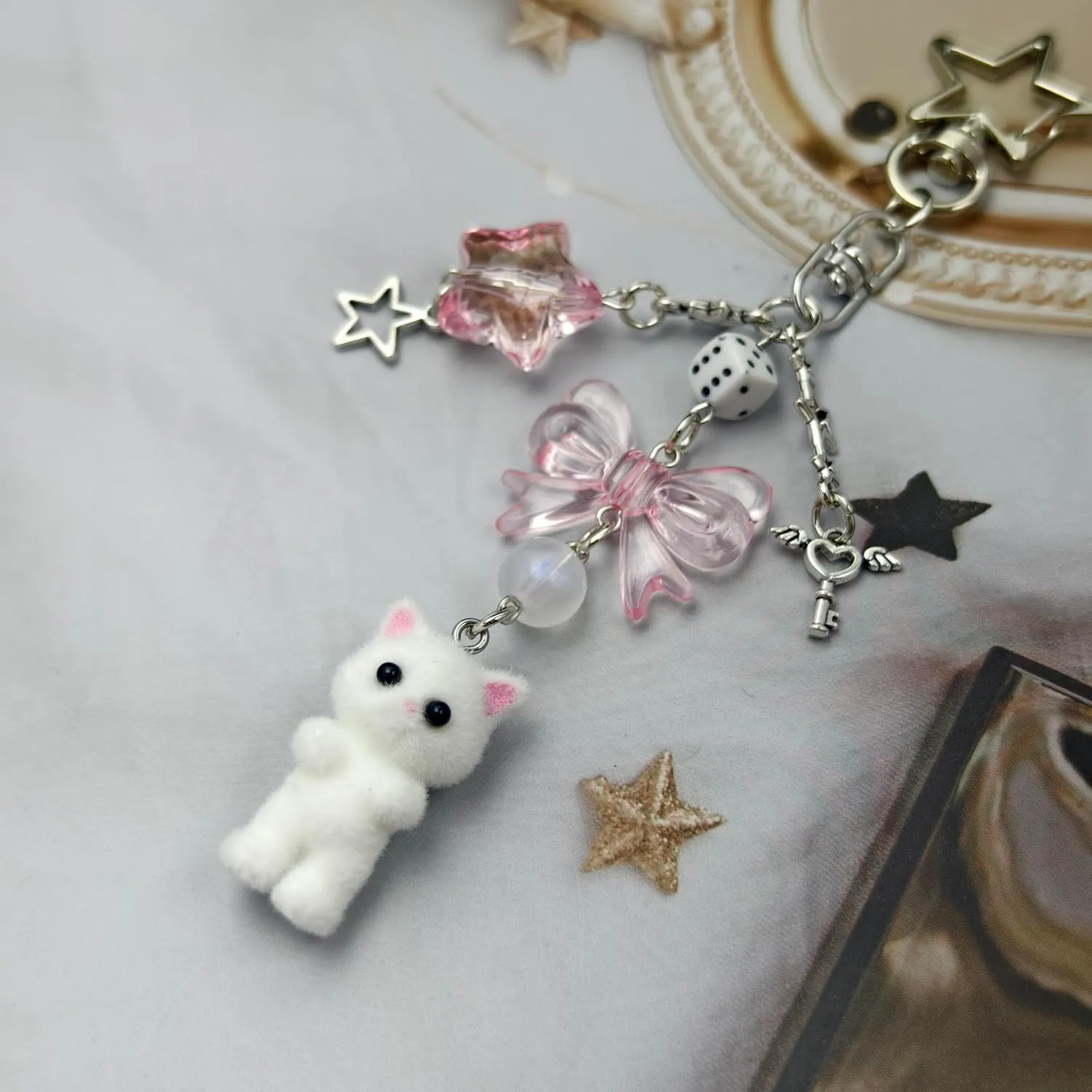 Cute Cat Keychain, Y2K Heart Bow Pendant, Kawaii Cat Bag Charm