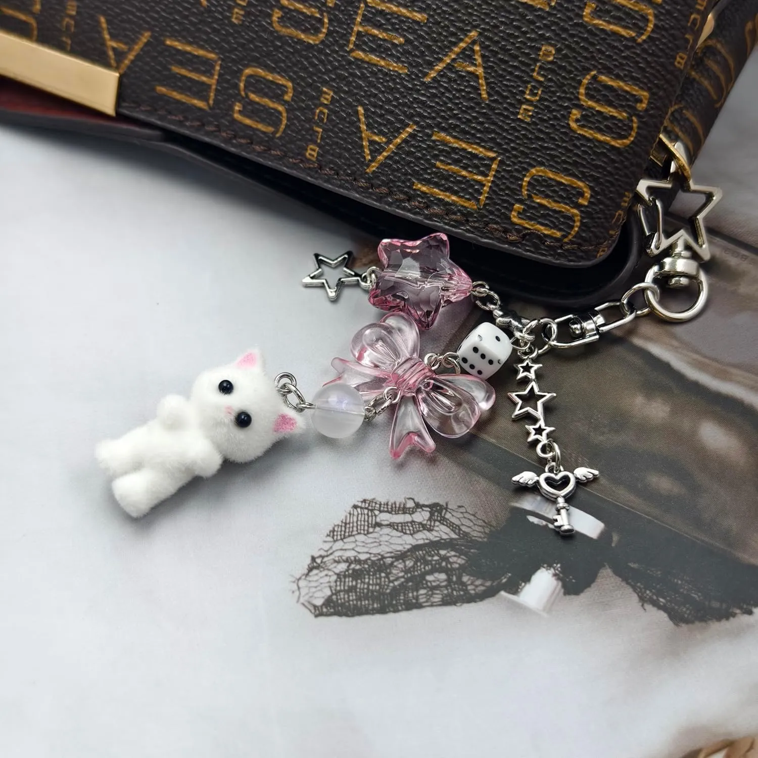 Cute Cat Keychain, Y2K Heart Bow Pendant, Kawaii Cat Bag Charm