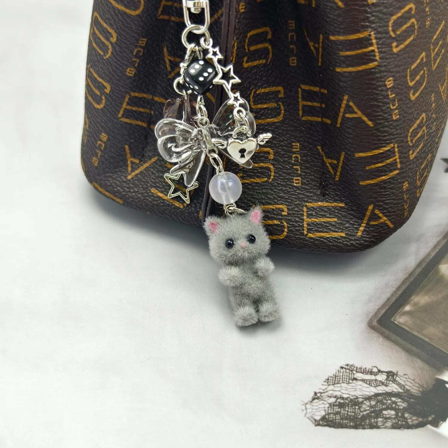 Cute Cat Keychain, Y2K Heart Bow Pendant, Kawaii Cat Bag Charm