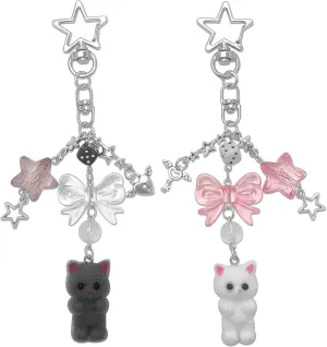 Cute Cat Keychain, Y2K Heart Bow Pendant, Kawaii Cat Bag Charm
