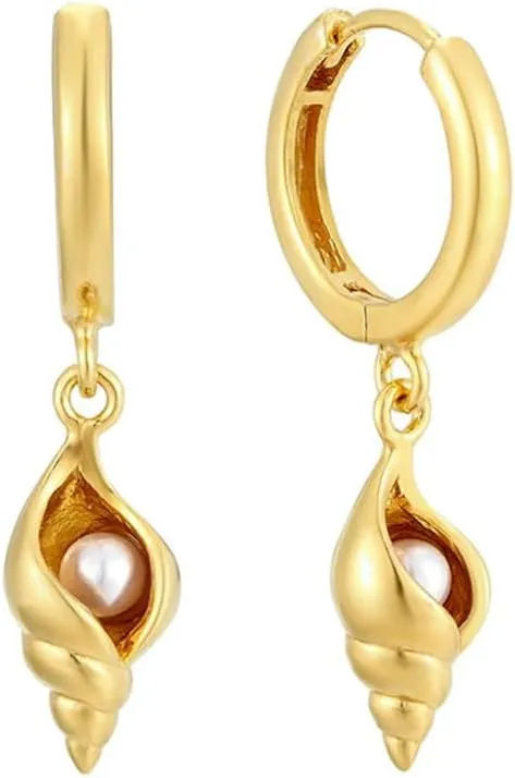 Cute Conch Pearl Huggie Small Hoop Earrings Dangle Drop for Women Vintage Boho Sterling Silver Post 14K Gold Plated Seashell Beach Charm Hoops Hypoallergenic Summer Jewelry Gift