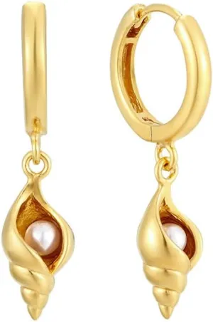 Cute Conch Pearl Huggie Small Hoop Earrings Dangle Drop for Women Vintage Boho Sterling Silver Post 14K Gold Plated Seashell Beach Charm Hoops Hypoallergenic Summer Jewelry Gift