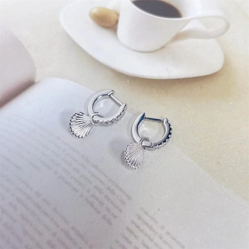 Cute Seashell CZ Huggie Small Hoop Earrings Dangle Drop for Women Sterling Silver Post Stud 14K Gold Filled Boho Shell Beach Simple Charm Hoops Delicate Hypoallergenic Summer Jewelry Gift 8mm