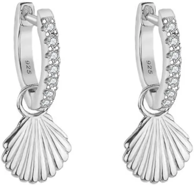 Cute Seashell CZ Huggie Small Hoop Earrings Dangle Drop for Women Sterling Silver Post Stud 14K Gold Filled Boho Shell Beach Simple Charm Hoops Delicate Hypoallergenic Summer Jewelry Gift 8mm