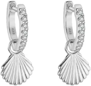 Cute Seashell CZ Huggie Small Hoop Earrings Dangle Drop for Women Sterling Silver Post Stud 14K Gold Filled Boho Shell Beach Simple Charm Hoops Delicate Hypoallergenic Summer Jewelry Gift 8mm