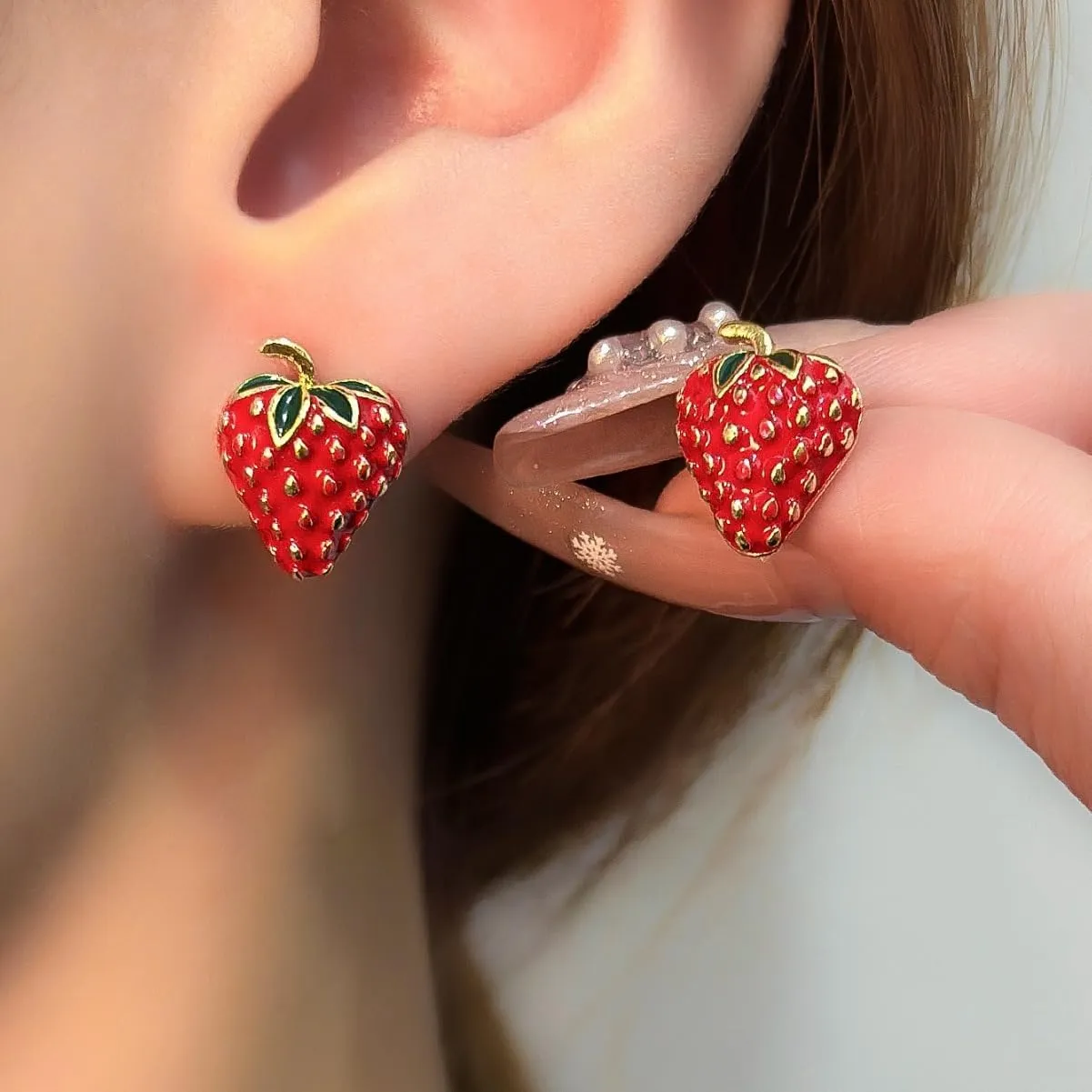 Cute Strawberry Fruits Small Stud Earrings Funny Red Enamel Lifelike Lucky Mini Hypoallergenic for Women Girls Jewelry